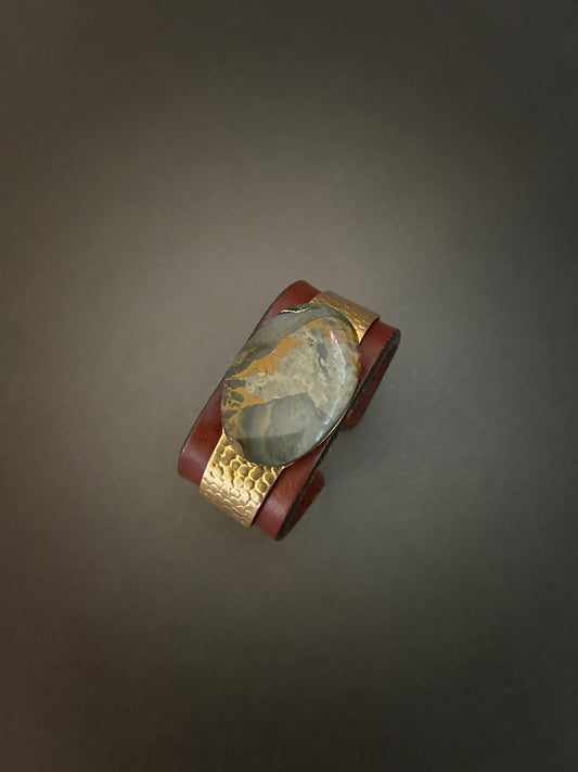 Blue Mountain jasper leather and brass cuff