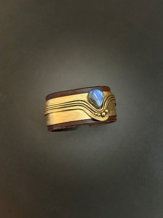 Leather and brass cuff with labradorite teardrop