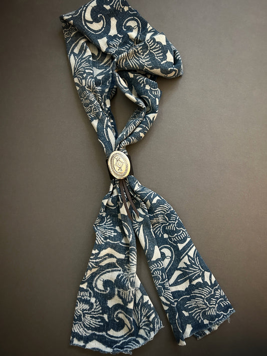 Scarf of antique Japanese cotton indigo katazome with concho slide