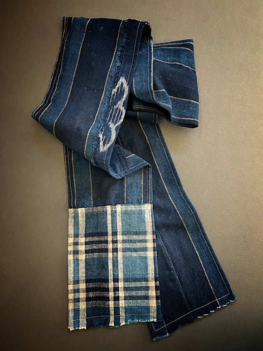 Scarf of antique Japanese cotton indigo stripe and plaid