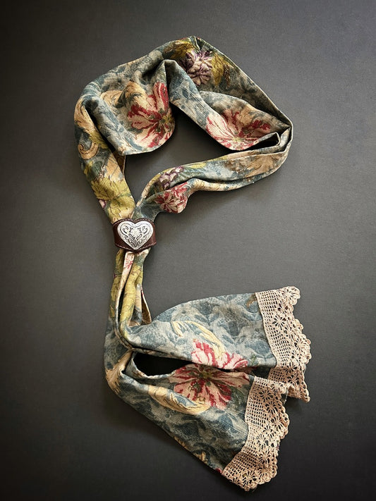 Scarf of antique French linen with silver heart slide