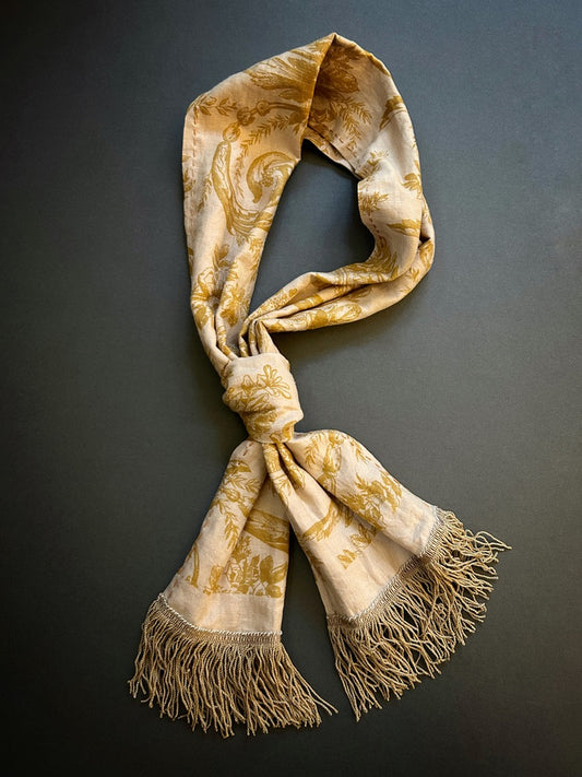 Scarf of tea-stained vintage linen toile with French fringe trim