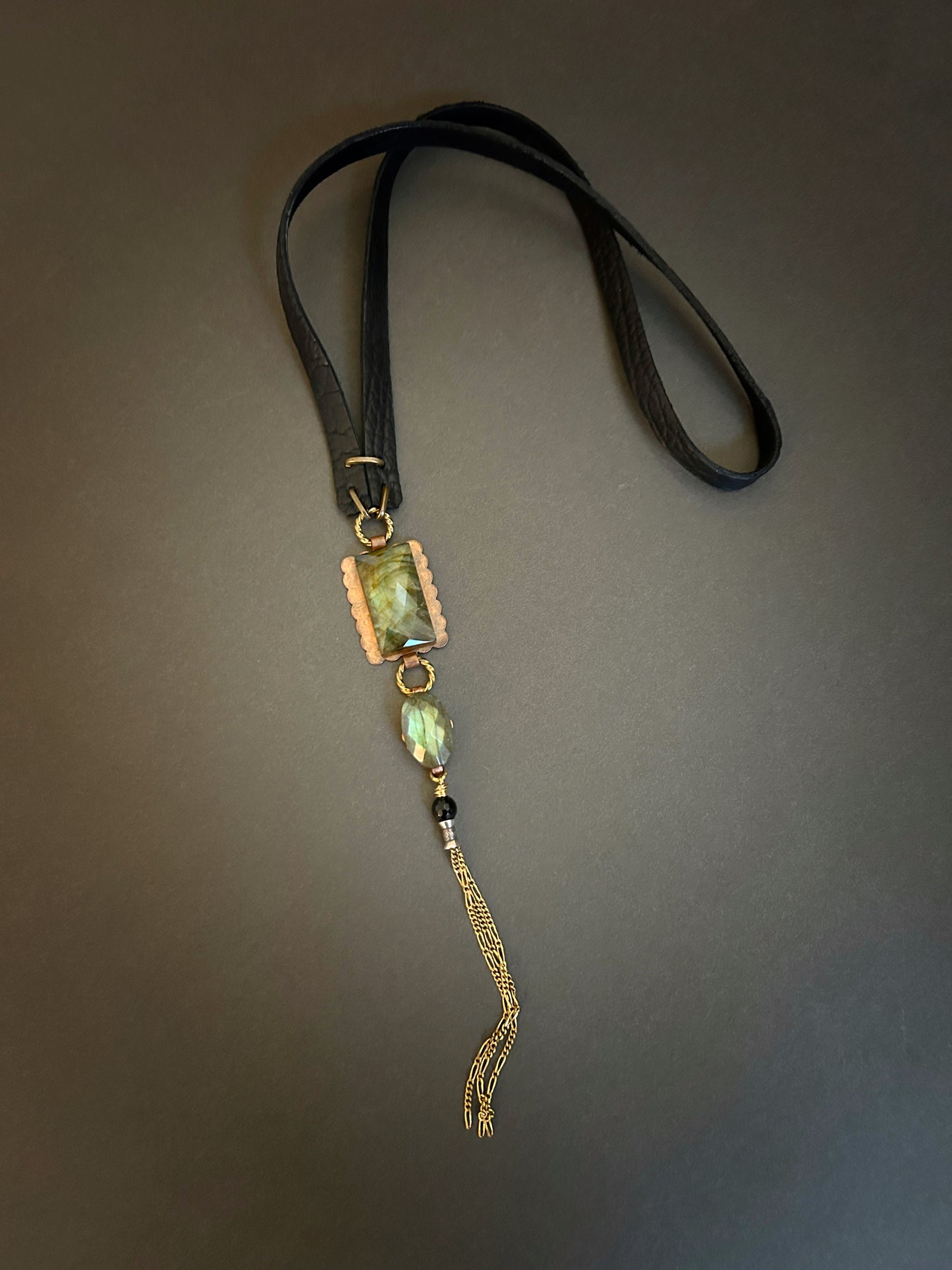 Petite long double labradorite leather necklace