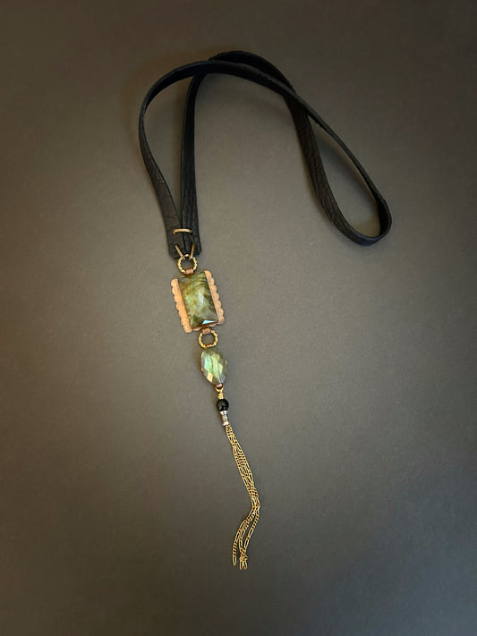 Petite long double labradorite leather necklace