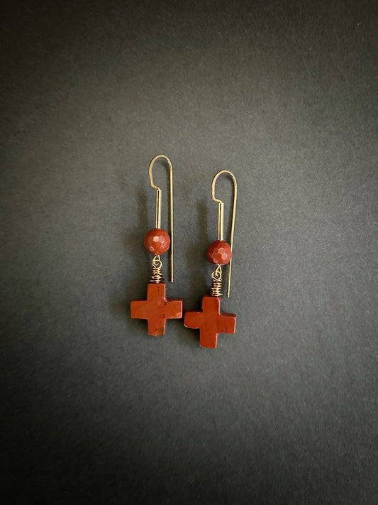 Red jasper cross and orb earrings