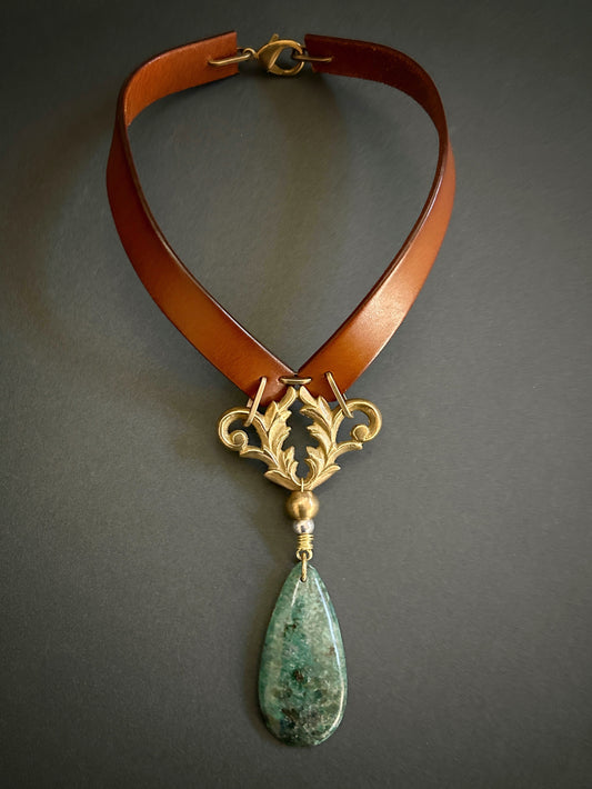 Leather collar necklace with brass hardware and ruby in zoisite