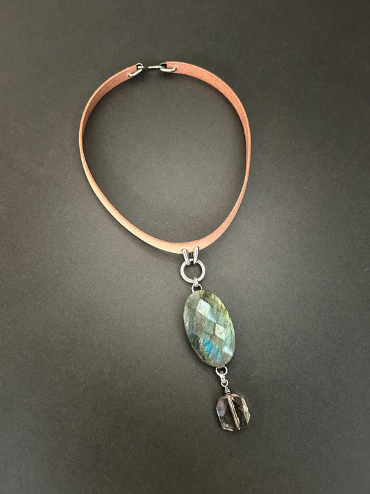Faceted labradorite and smoky quartz leather necklace