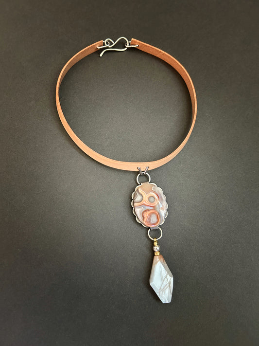 Crazy lace agate and moonstone leather necklace