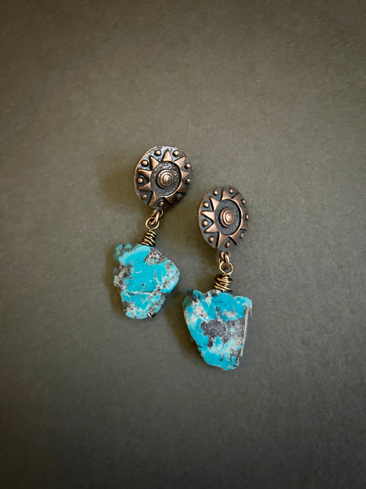 Copper and turquoise slab earrings