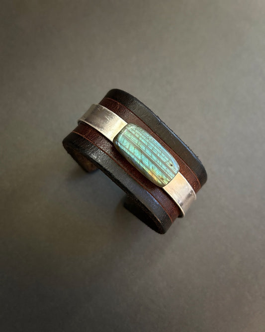 Leather cuff with sterling silver and labradorite