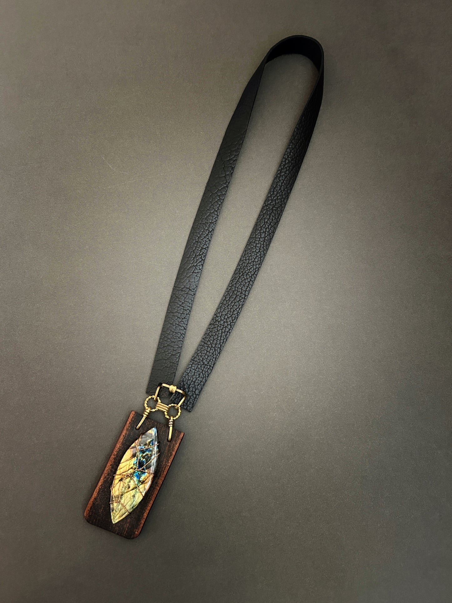 Marquise labradorite black and brown leather necklace