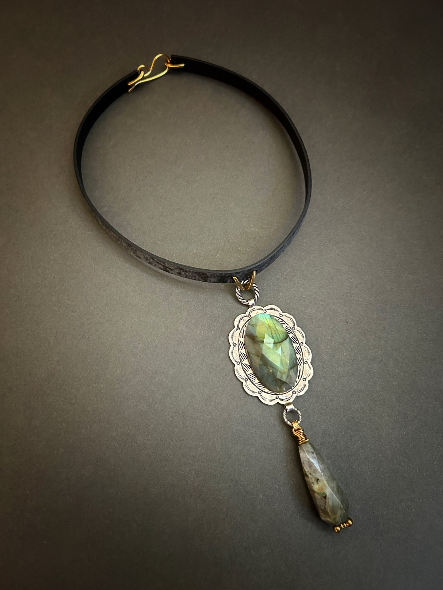 Faceted labradorite and sterling silver leather necklace