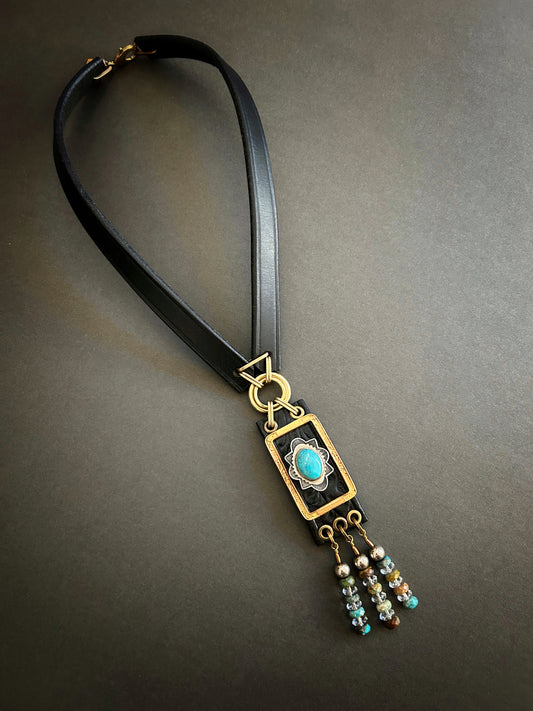 Black tack leather collar necklace with sterling silver, brass and turquoise