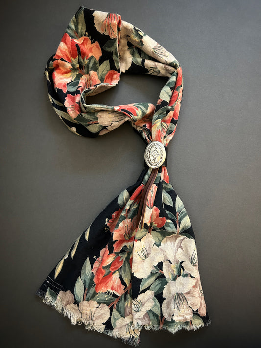 Scarf of 1940s cotton tropical on black with concho slide
