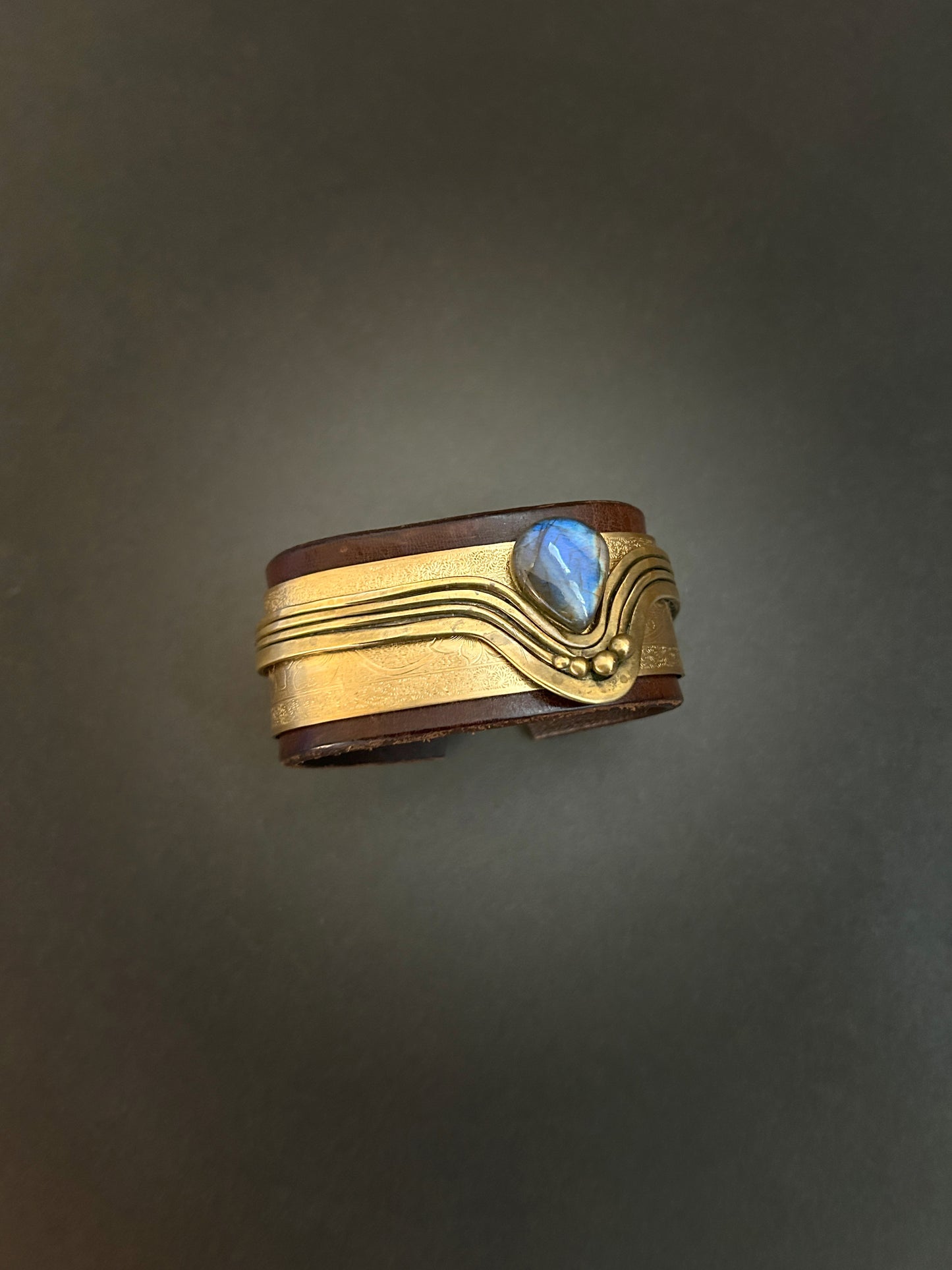 Leather and brass cuff with labradorite teardrop