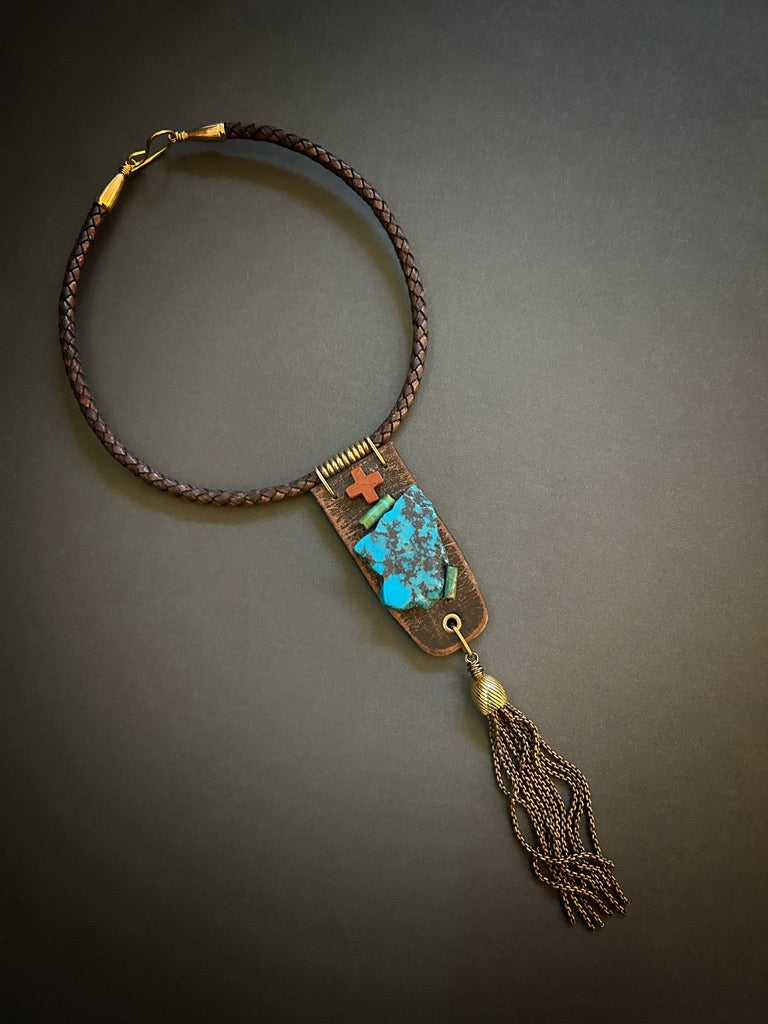 Braided leather necklace with Nacozari turquoise slab