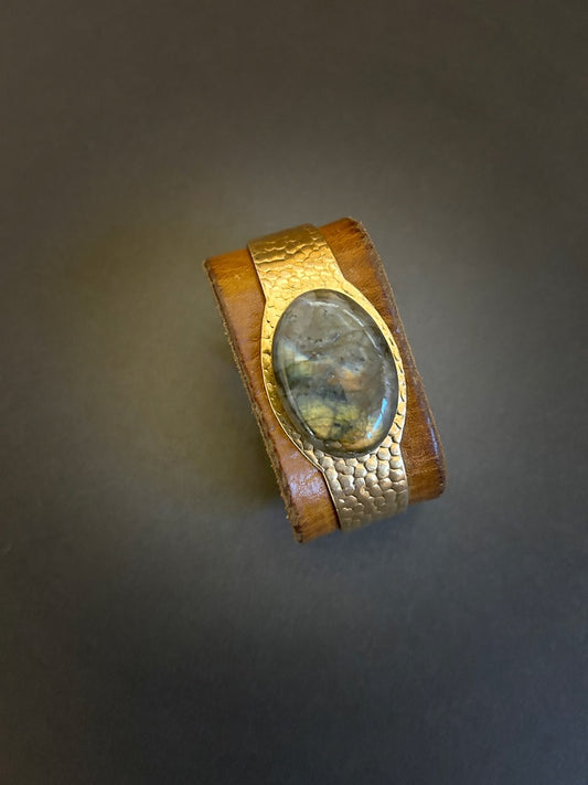 Rustic leather and brass cuff with labradorite