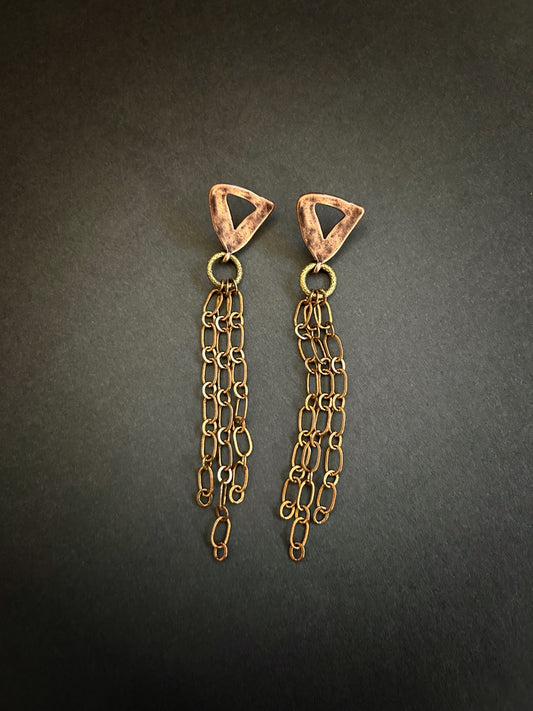 Rustic copper triangle fringe earrings