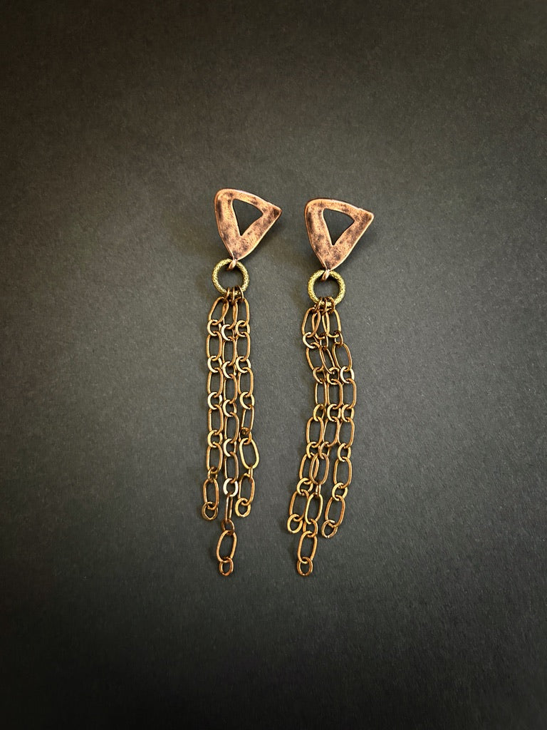 Rustic copper triangle fringe earrings