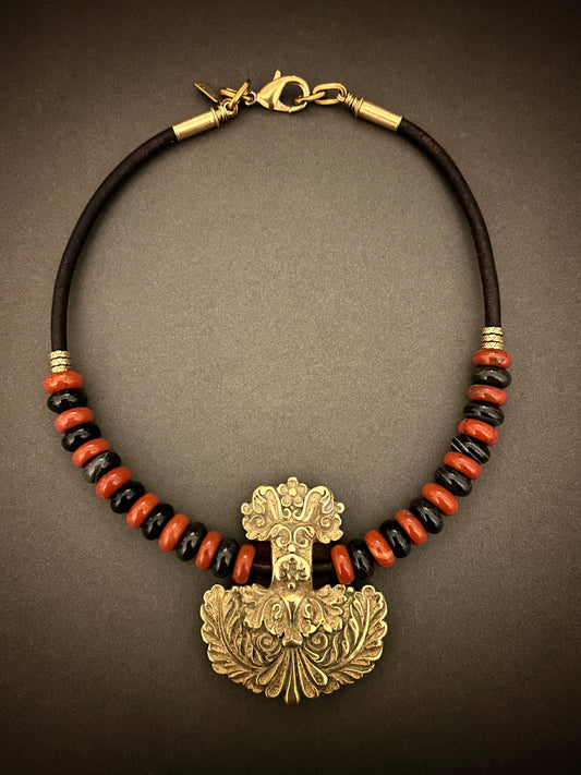Antique French brass hardware necklace with black onyx and red jasper