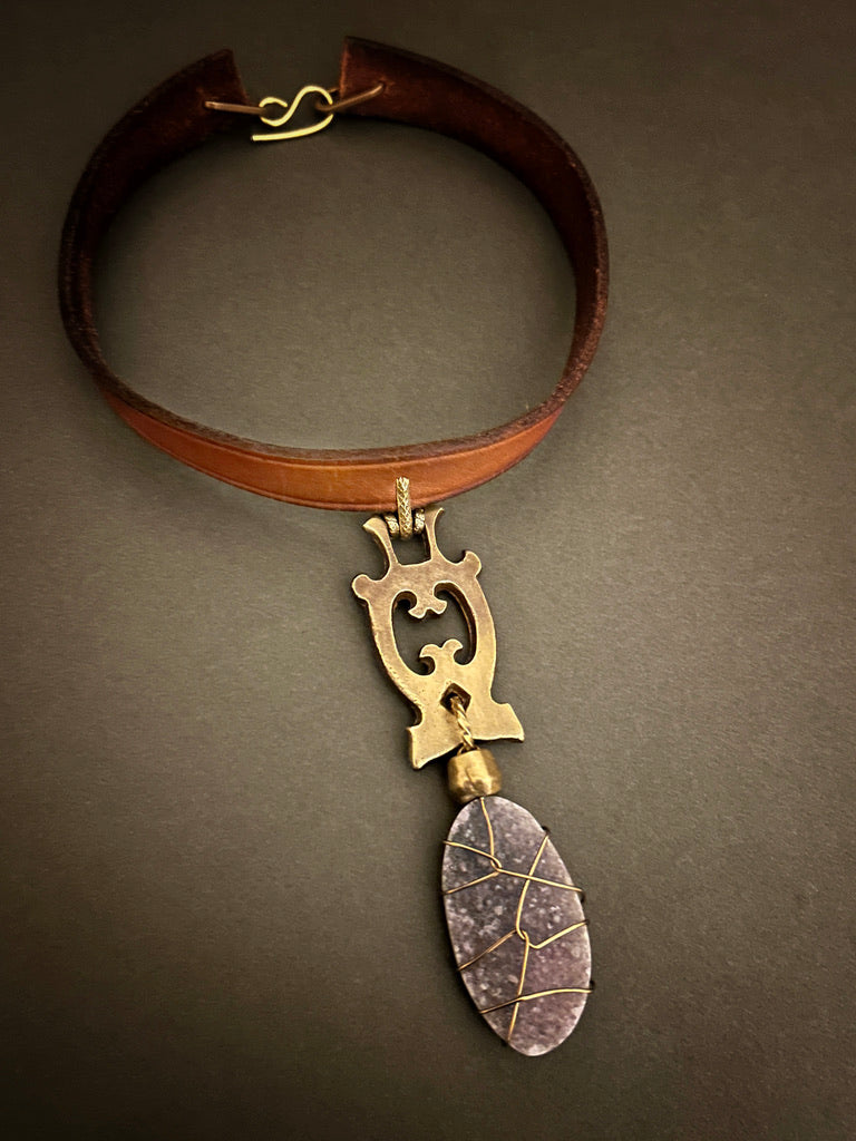 Tack leather choker with hardware and wire-wrapped amethyst druzy