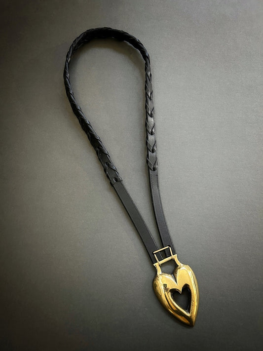 Long black tack leather necklace with open heart horse brass pendant