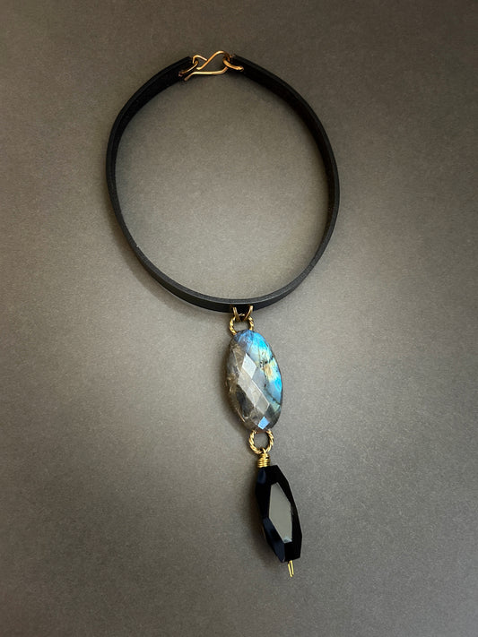 Faceted labradorite and black agate leather necklace