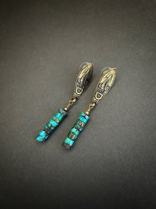 Tribal glyph earrings with turquoise heishi