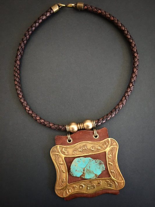 Number 8 turquoise necklace with art nouveau buckle on braided leather