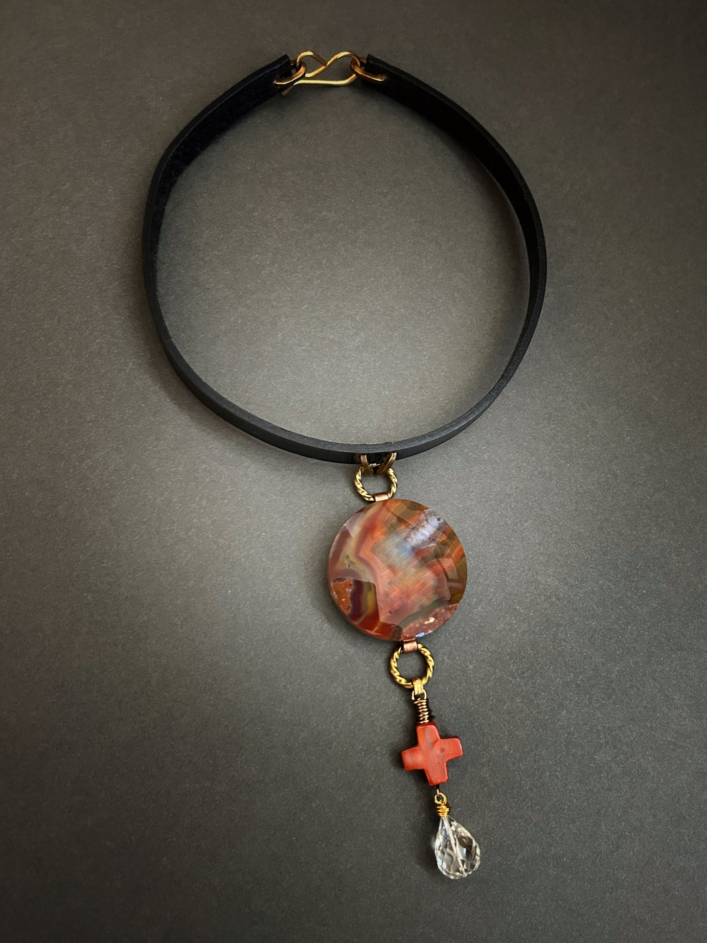 Condor agate and red jasper cross leather necklace