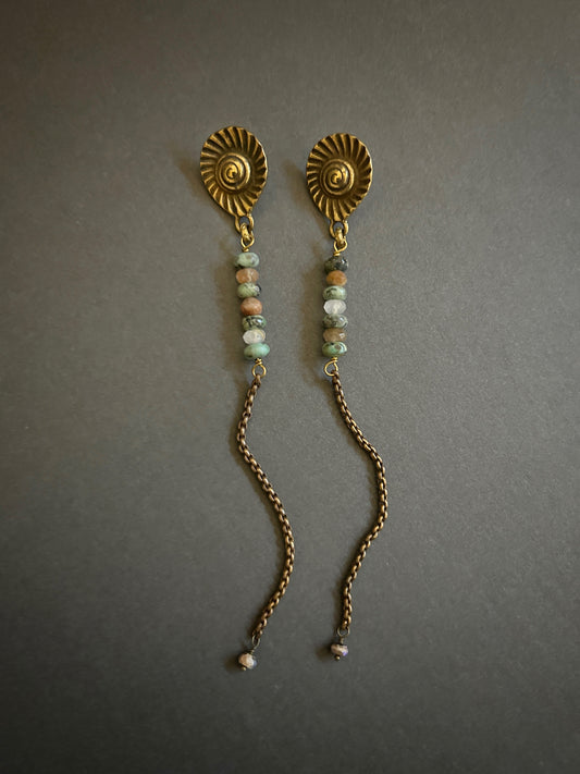 Rustic brass and gemstone shoulder duster earrings