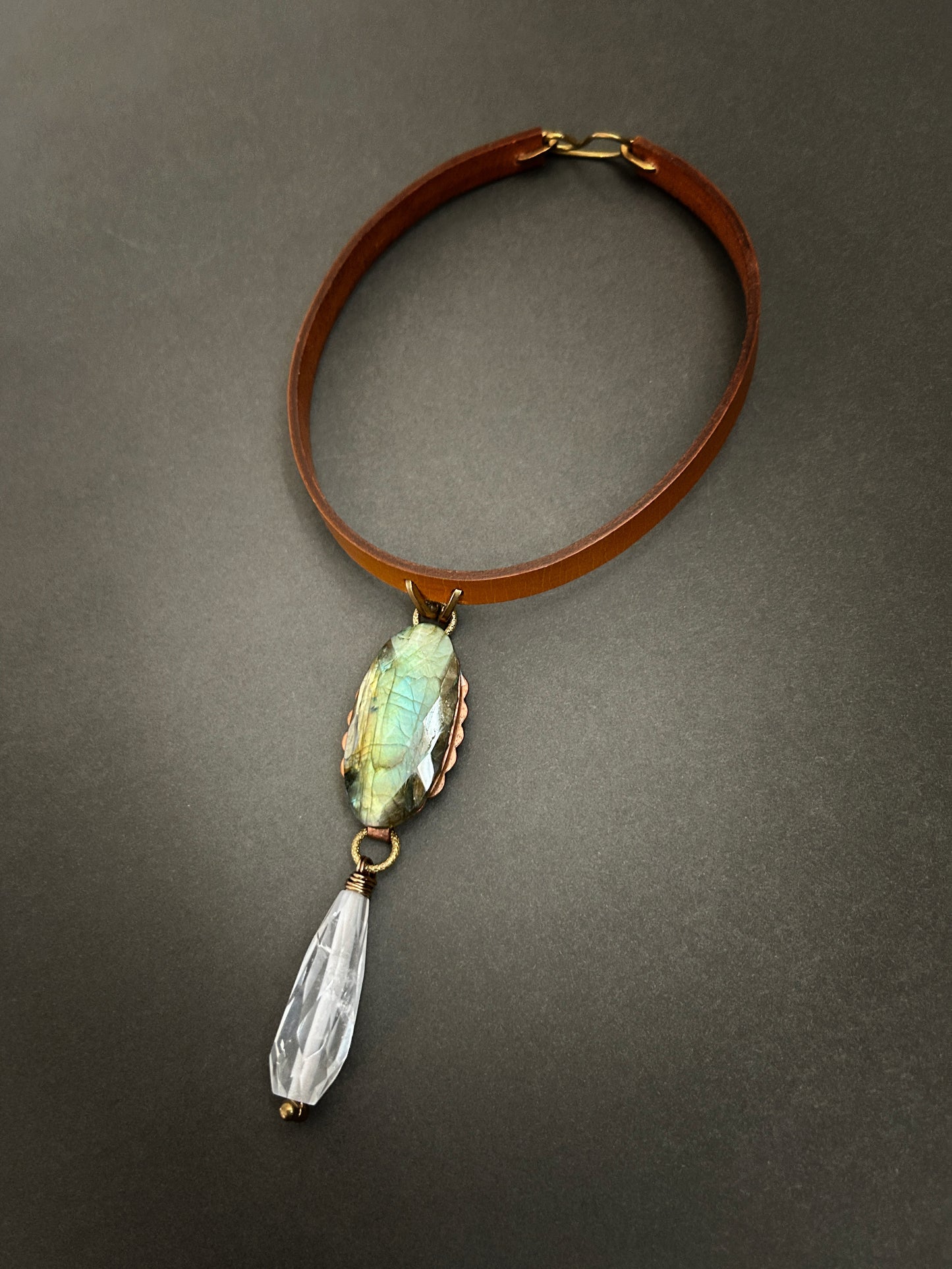 Faceted labradorite and clear quartz leather necklace