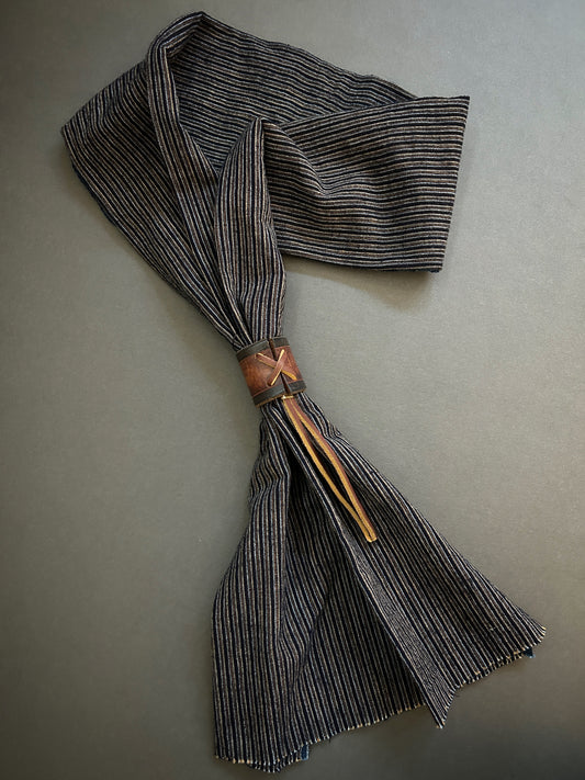 Scarf of vintage reclaimed Japanese cotton indigo with leather slide
