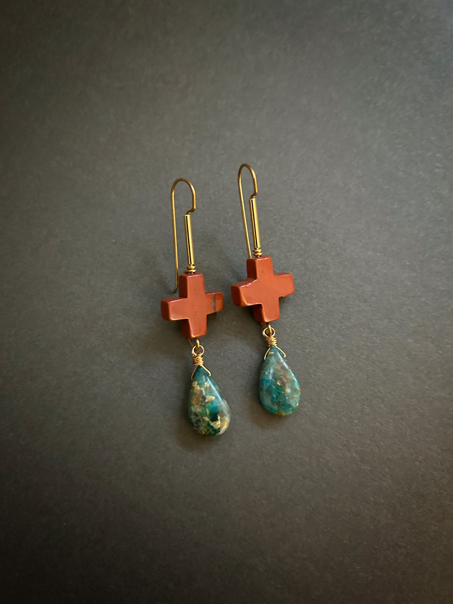 Red jasper cross and apatite teardrop earrings