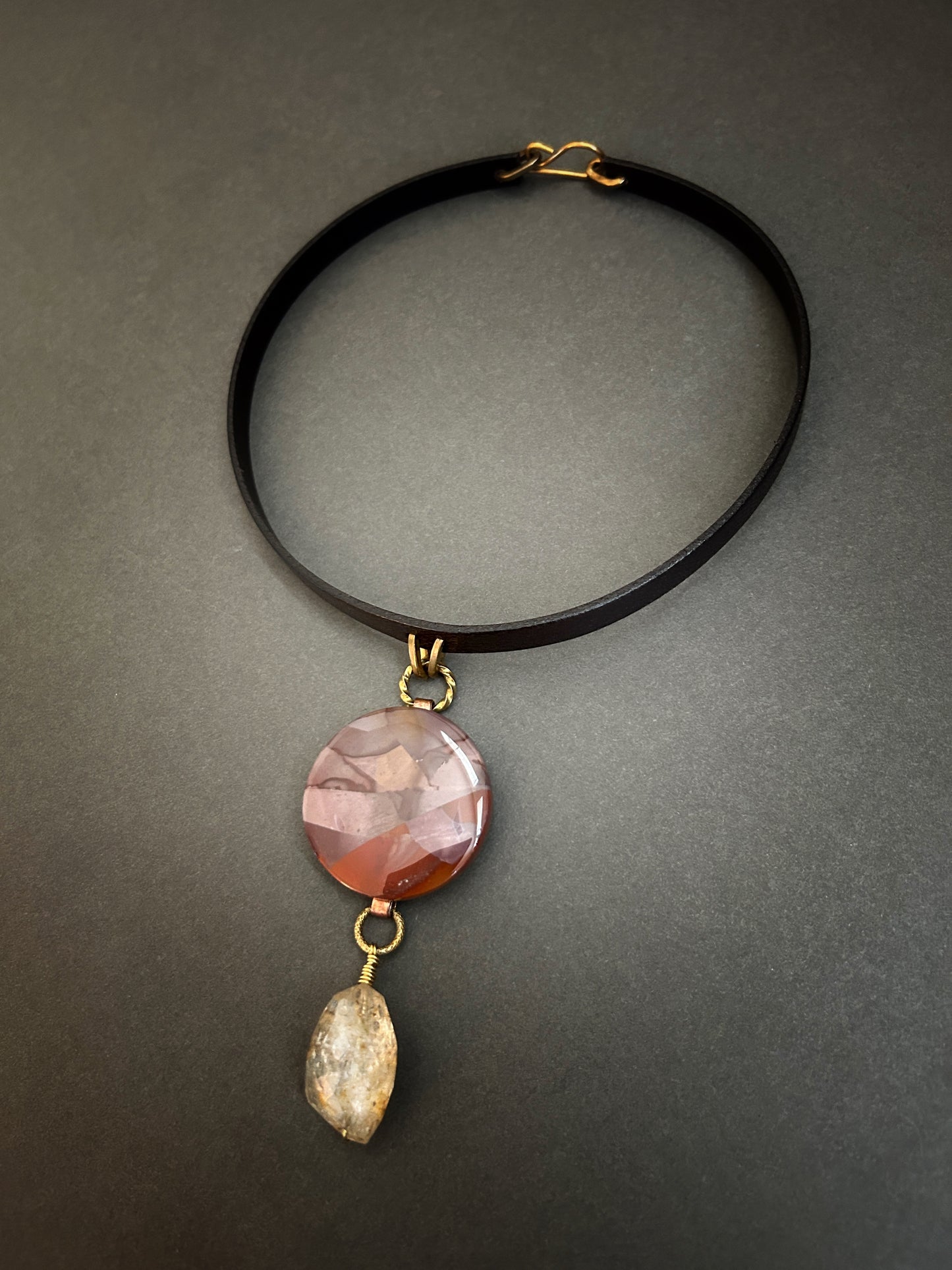 Purple cow jasper and citrine nugget leather necklace