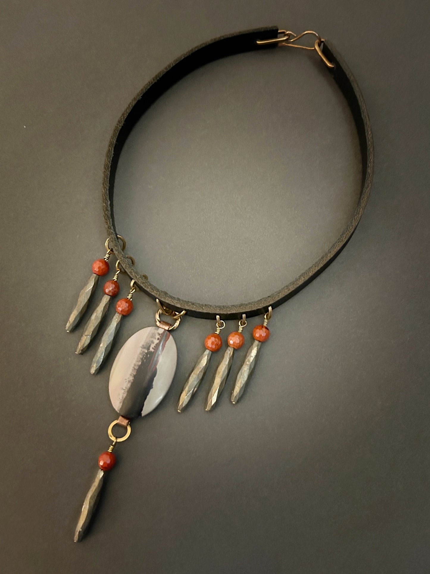Indian paint stone and pyrite leather necklace
