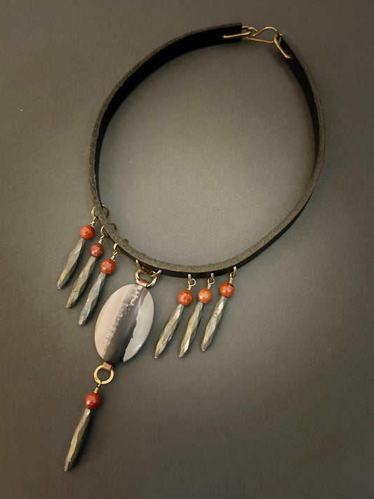 Indian paint stone and pyrite leather necklace