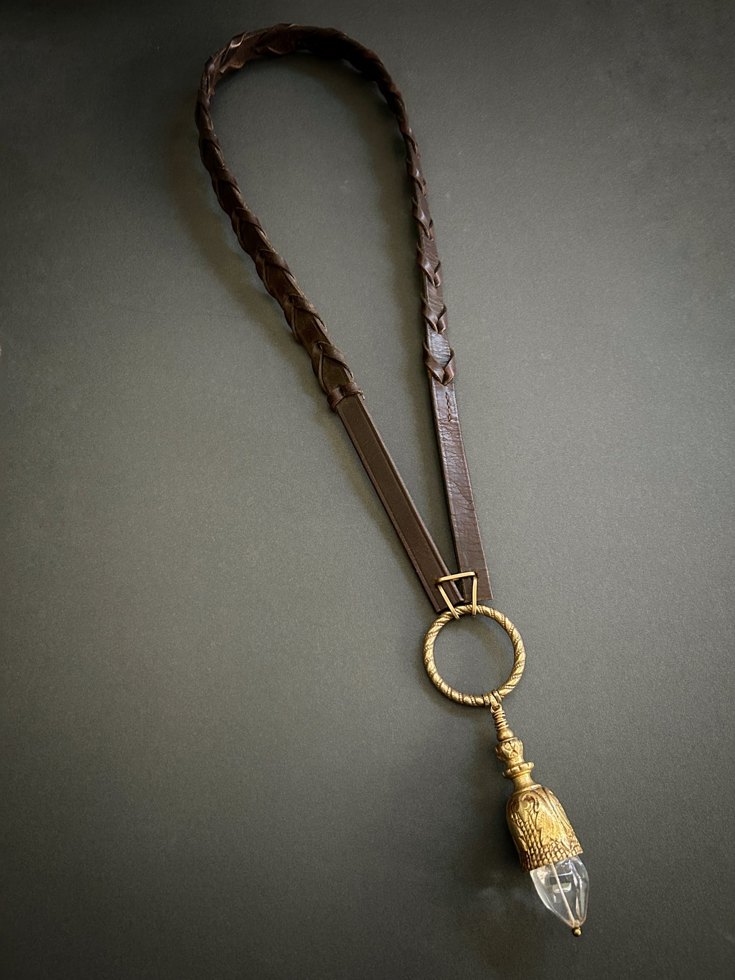 Long laced tack leather necklace with French brass hardware and polished quartz