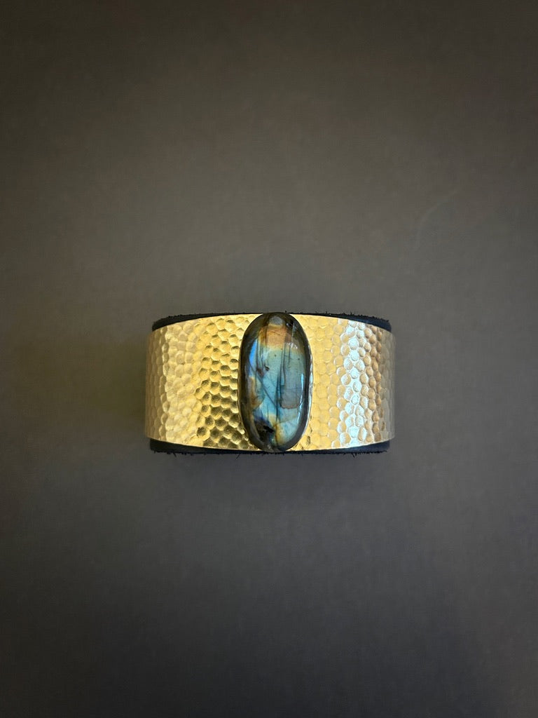 Leather and brass cuff with labradorite