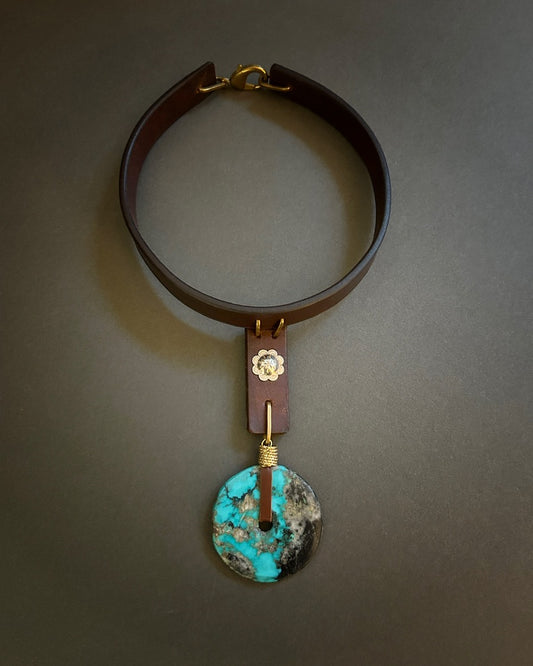 Brown tack leather choker with turquoise pi stone