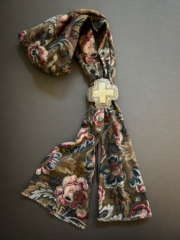Scarf of 1930s woven cotton floral with large Mexican cross concho