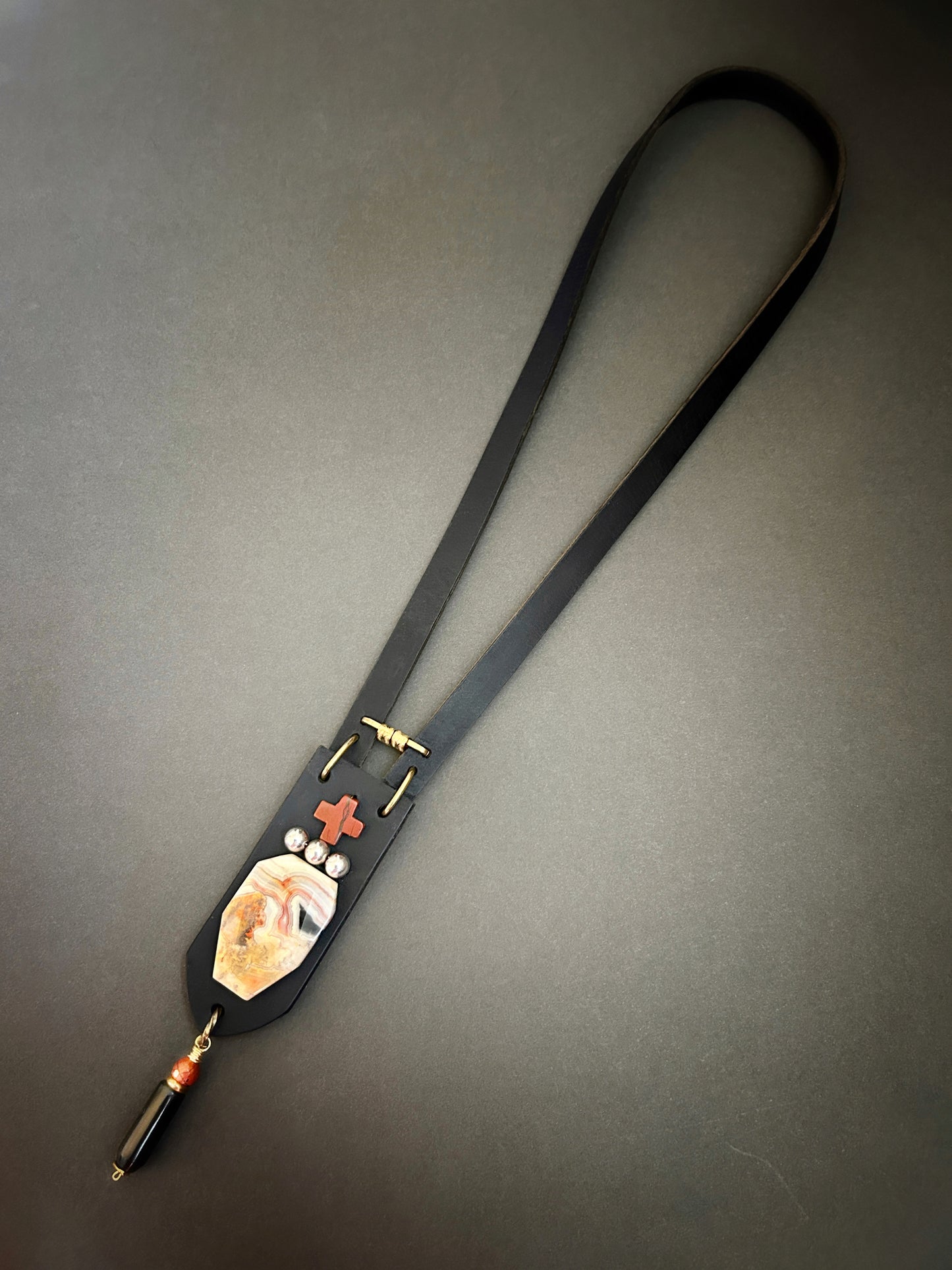 Long black leather pendant necklace with crazy lace agate