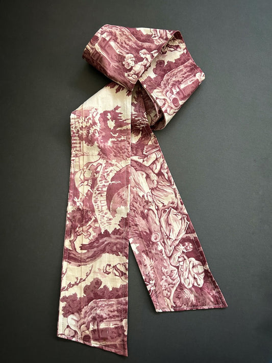 Skinny sash of French toile cotton sateen madder purple and ecru