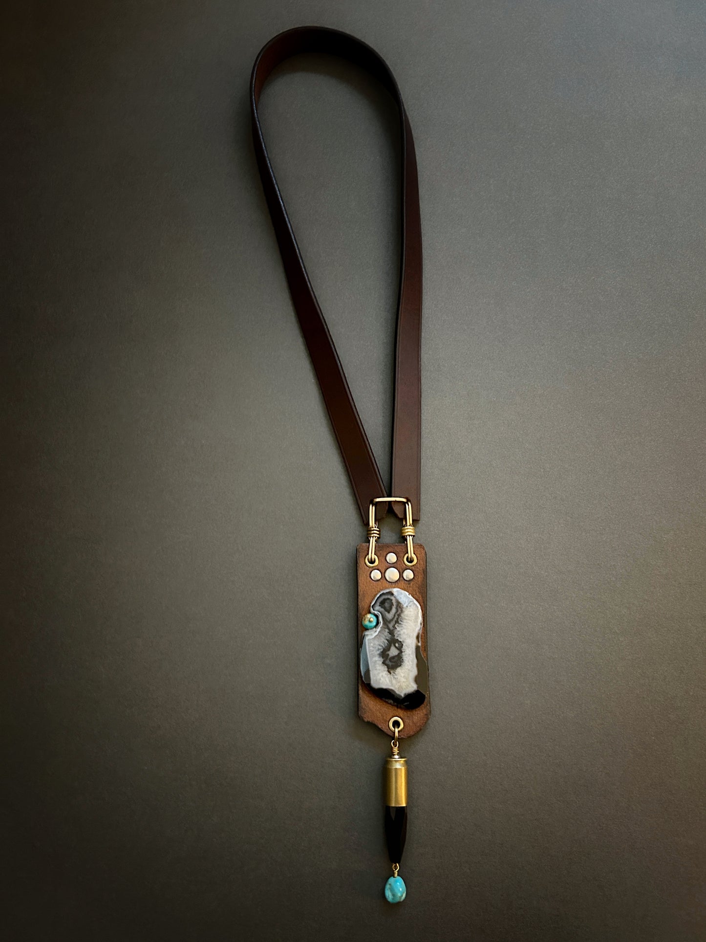 Long tack leather necklace with black and white druzy agate and tuquoise