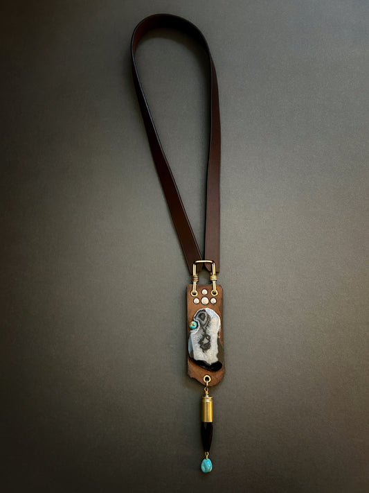 Long tack leather necklace with black and white druzy agate and tuquoise